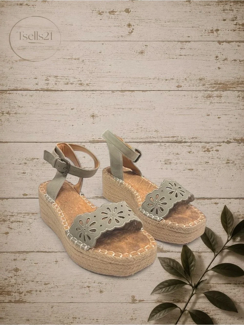 Crown Vintage Women's Sage Green Espadrille Sandal Wedges with Floral Cutouts